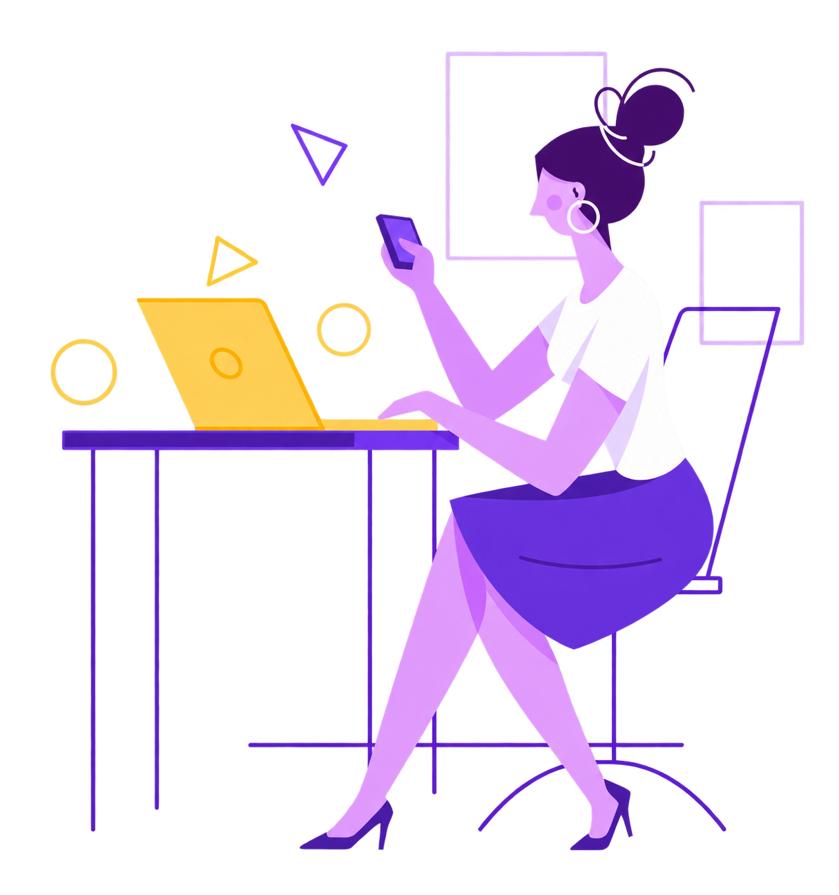 Illustration of a woman using a laptop and phone